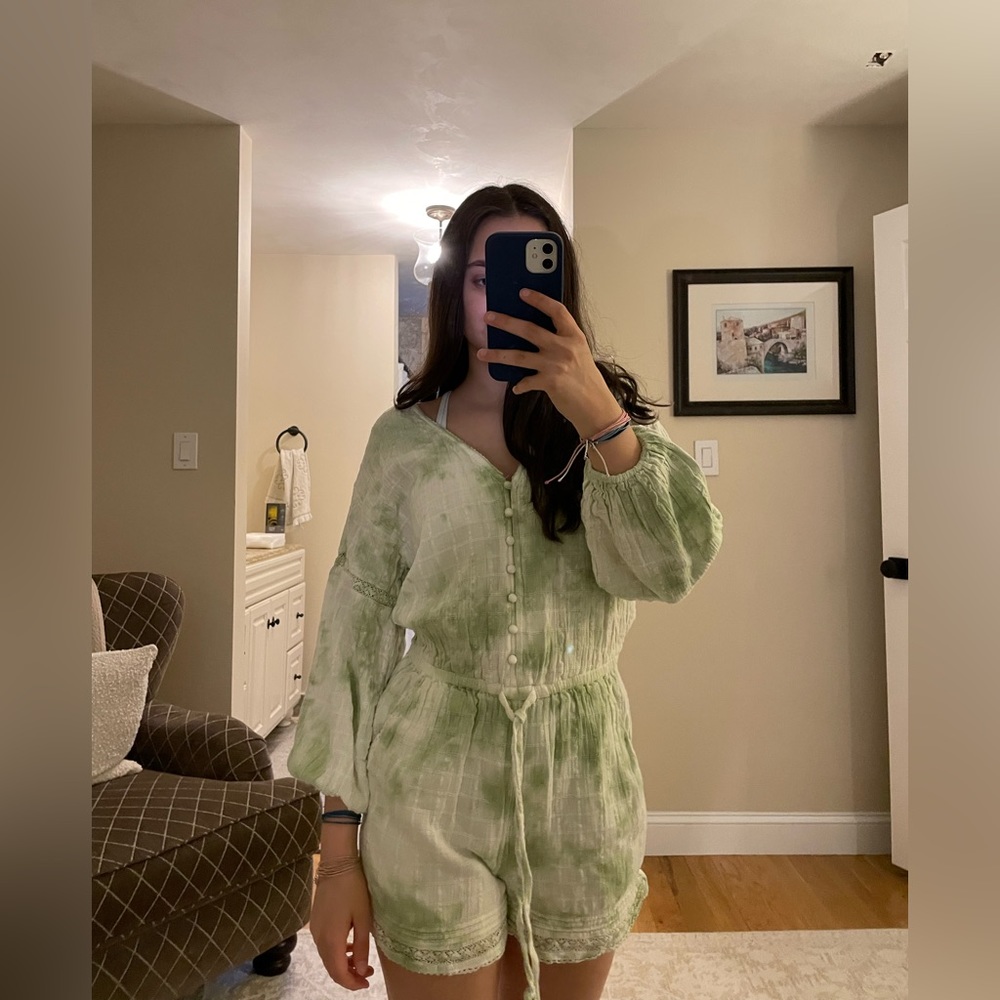 Aerie green and white tie dye romper